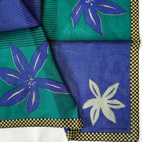 Vintage Junko Koshino Handkerchief: Japanese Op Art Floral Print Cotton Hanky 17 x 17 inches