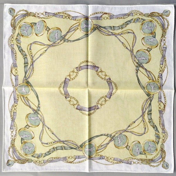 Trussardi Vintage Handkerchief Women Handkerchief Belt Chains Locket Dogs 20" x 19.5" Cotton I FREE Shipping on Order 35 USD or more