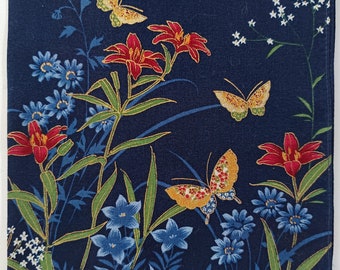 Japanese Vintage Handkerchief Floral Butterflies on Blue 16.5 x 16" inches I Free Delivery on order 35 USD Just buys multiple items in Order