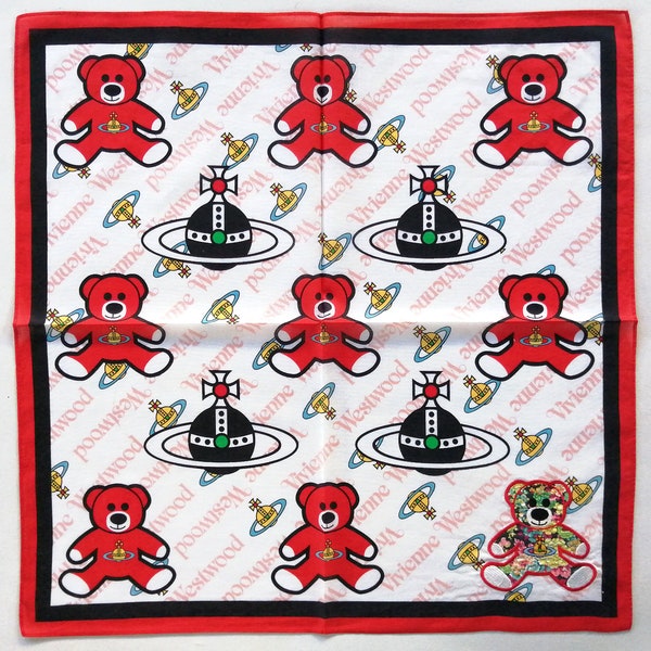 Vivienne Westwood Vintage Handkerchief Red Bears Saturn 19 x 19" I Free Delivery on order 35 USD Just buys multiple items together in order