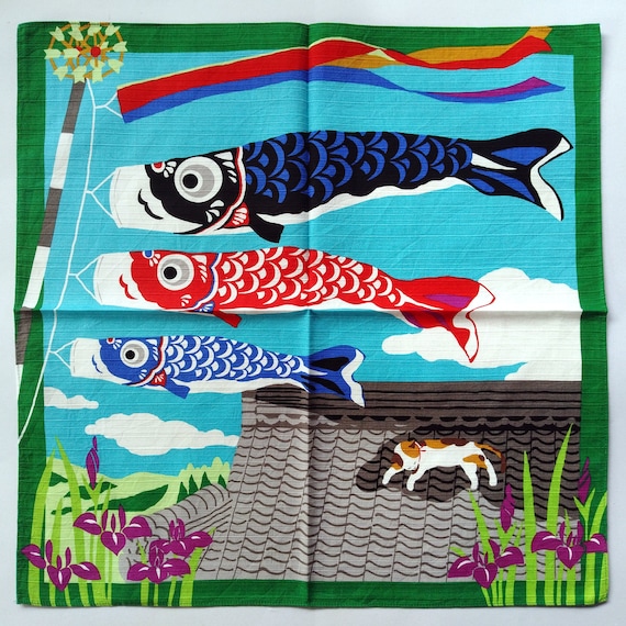 Japanese Vintage Handkerchief Koi Flag and Cat Kim