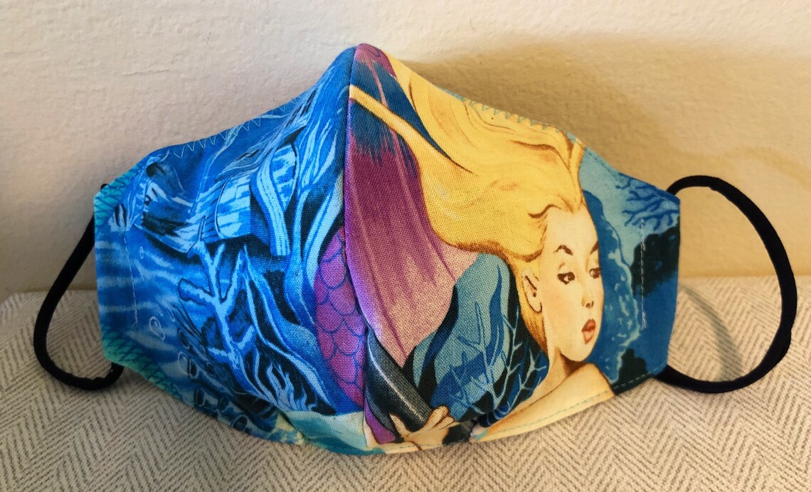 Face Mask, Mermaid Print, Comfortable Washable Cotton, Hand Made
