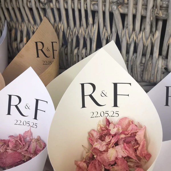 Confetti cones for wedding initial monogram design petal holder personalised dried petal cones