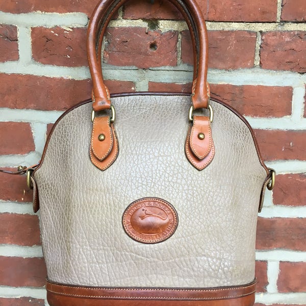 Vintage Dooney & Bourke handbag pebbled leather satchel taupe and brown leather designer hand bag