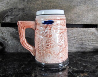 Bavarian Fashion Beer Stein, Vintage Tankard or Beer Mug, Home Barware & Saloon Decor, Couple over Keg and Evergreen Forest, Made in Japan