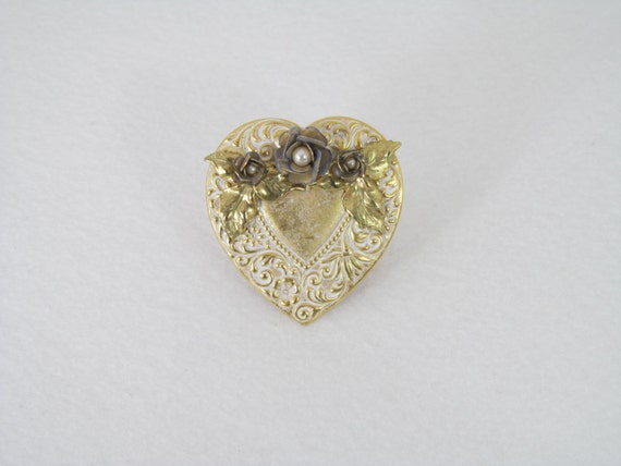 Victorian Fashion Pin, Heart Shaped Wtih Roses, O… - image 4