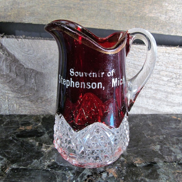 Antique Ruby Flash Early 1900's Souvenir of Stephenson MI,  Cream Pitcher, Cruet or Toothpick Holder, EAPG Home, Office & Farmhouse Decor