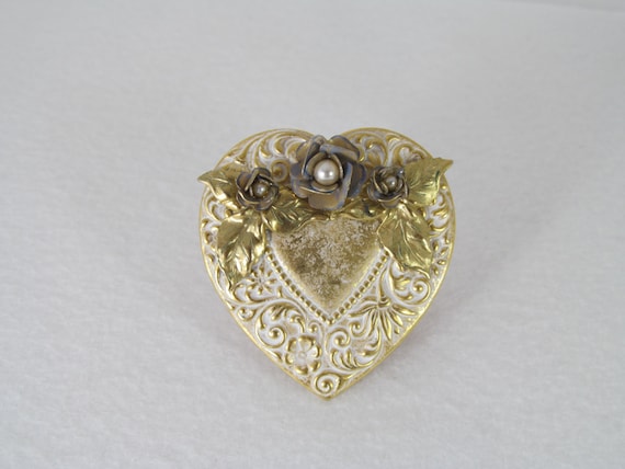 Victorian Fashion Pin, Heart Shaped Wtih Roses, O… - image 1