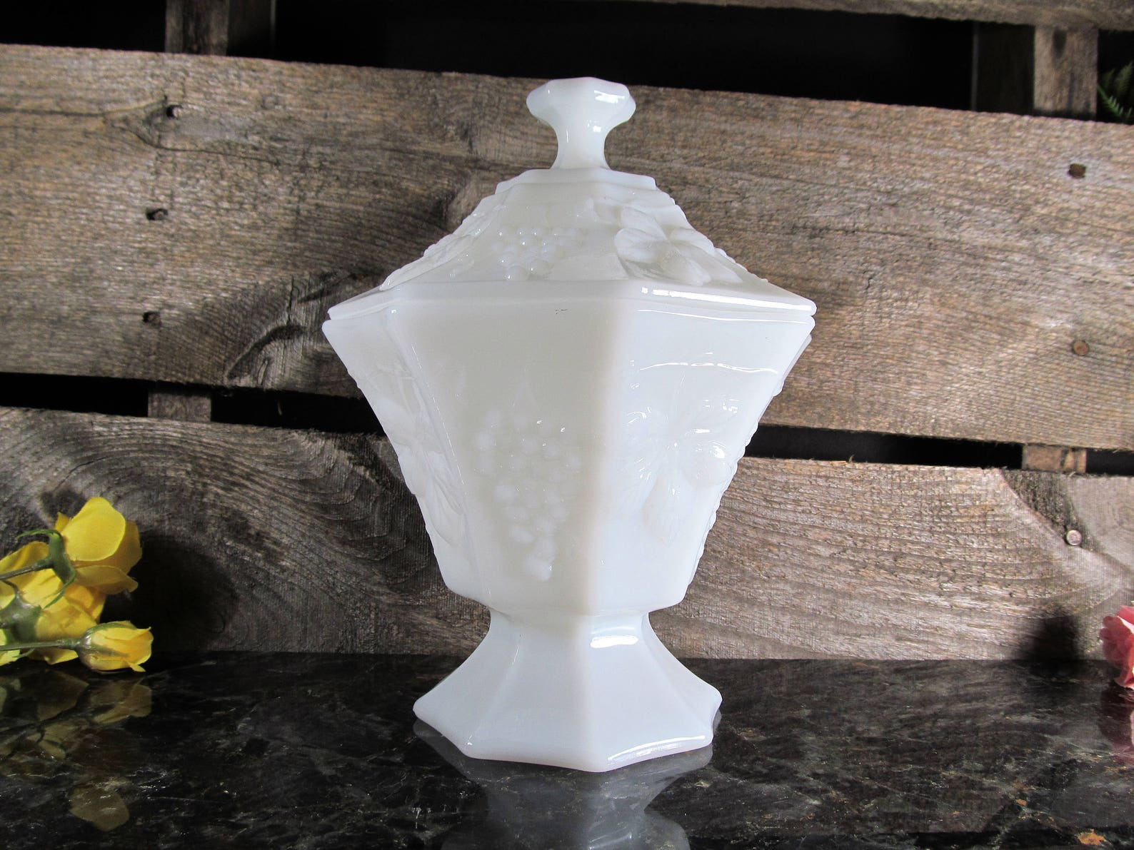 Vintage Milk Glass, Pedestal Compote With Lid, Harvest Grape Pattern