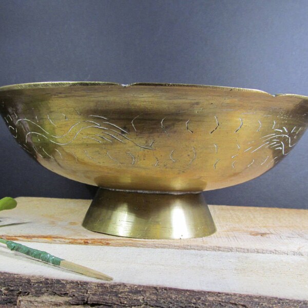 Brass Bowl on Pedestal Hand Etched With Good Fortune Dragon Pattern Vintage Compote, Oriental Art, Retro Home Office & Farmhouse Decor China