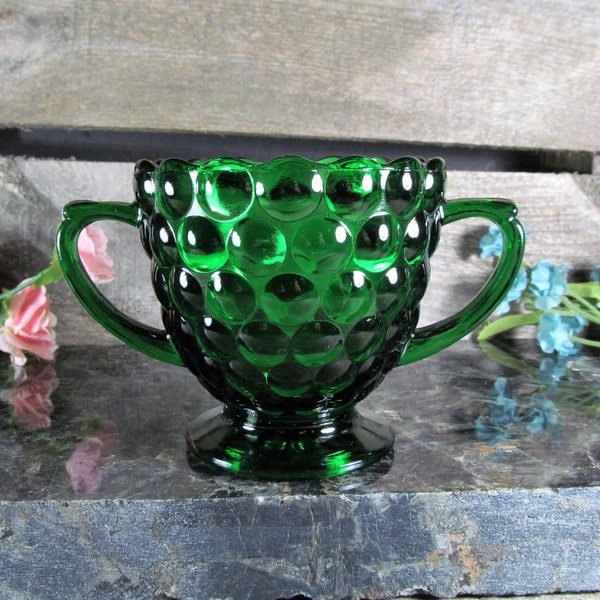 Anchor Hocking Emerald Green Bubble Glass Sugar Bowl, Vintage Sugar Serving Bowl, Retro Home Glassware, Farmhouse & Restaurant Decor