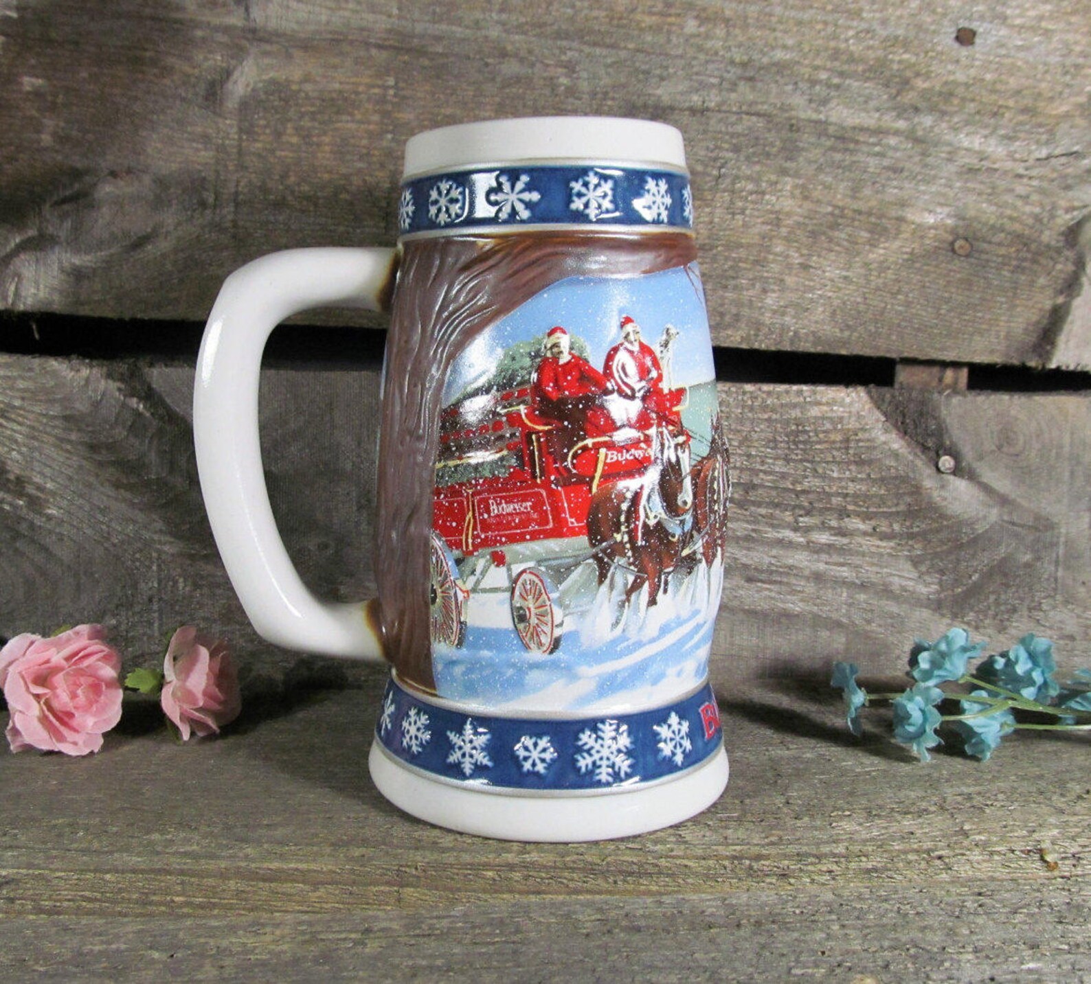 Large Budweiser Mug, Holiday Theme, Vintage Budweiser Stein, Hand