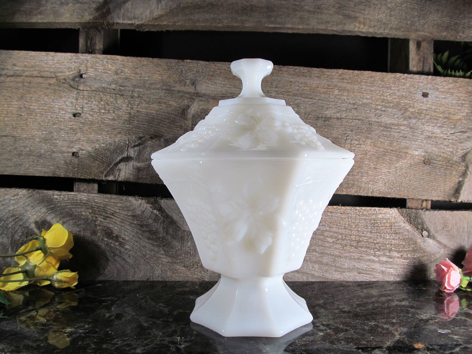 Vintage Milk Glass, Pedestal Compote With Lid, Harvest Grape Pattern