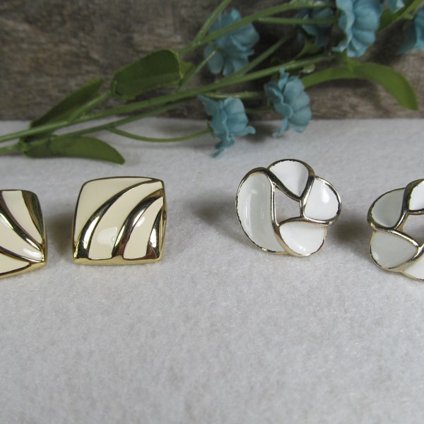 Trifari, Clip on Earrings, Two sets, Gold Tone with White Enamel Inlays, Vintage Designer Jewelry, Fashionware, 1950's Retro Fashion Jewelry