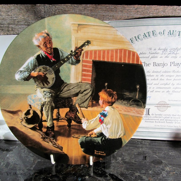 Assiette de collection, Norman Rockwell « Le joueur de Banjo » dans son emballage d’origine avec certificat d’authenticité, Edwin M Knowles, maison de mode Art