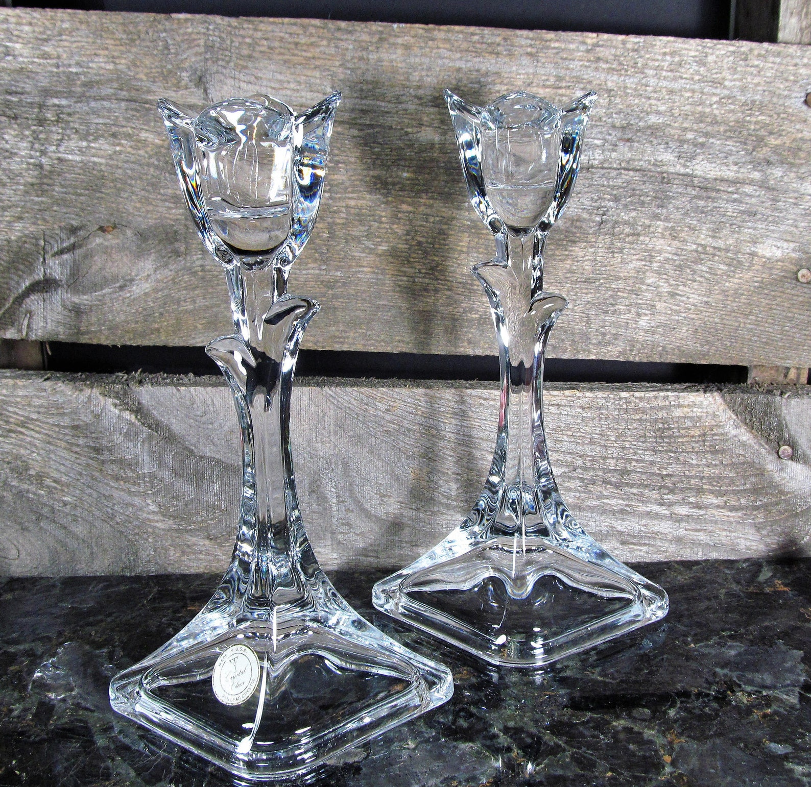 Crystal Glass Tulip on Stem Candlestick Holders Set of 2, Footed With a