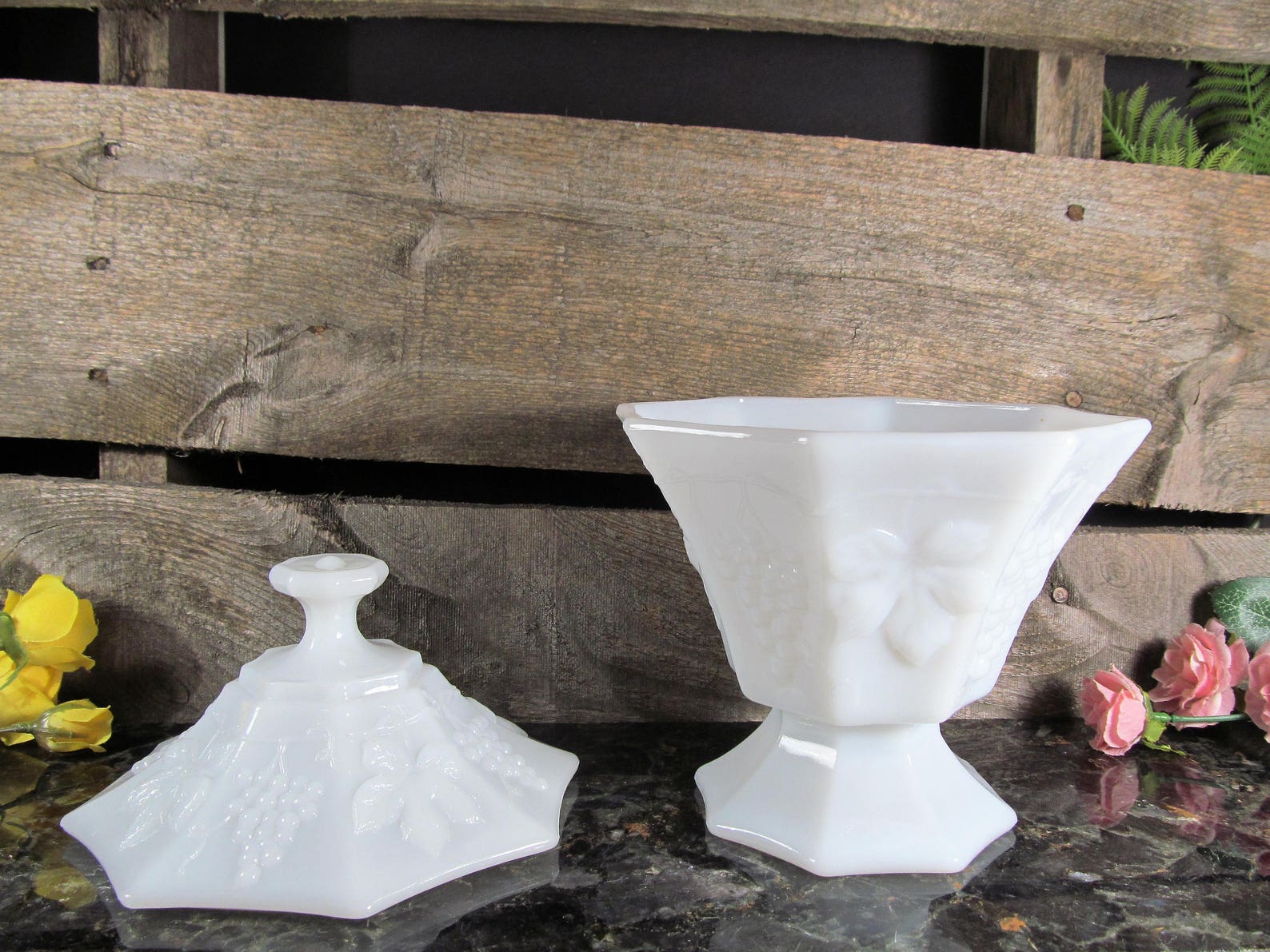 Vintage Milk Glass, Pedestal Compote With Lid, Harvest Grape Pattern