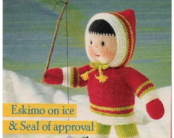 Vintage Eskimo Doll fishing with toy seal instant download knitting pattern