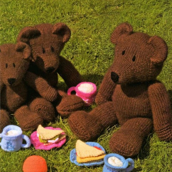 Vintage pdf knit Teddy Bear Picnic with toy food pattern instant download knitting pattern