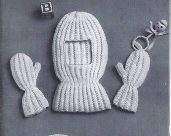 Knit Vintage Baby Balaclava Helmet and Mittens with beret instant download knitting pattern