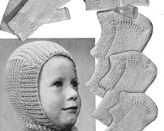 Knit Vintage Balaclava Helmet Fingerless Mitts child and adult sizes instant download knitting pattern