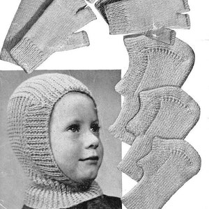 Knit Vintage Balaclava Helmet Fingerless Mitts child and adult sizes instant download knitting pattern