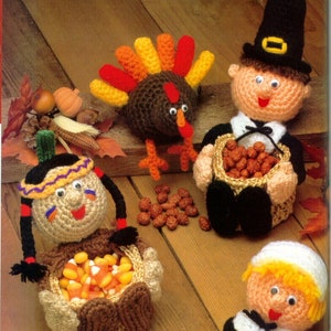 Crochet Thanksgiving Pilgrims Turkey Indian Favor Baskets instant download vintage crochet pattern