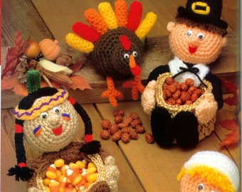 Crochet Thanksgiving Pilgrims Turkey Indian Favor Baskets instant download vintage crochet pattern