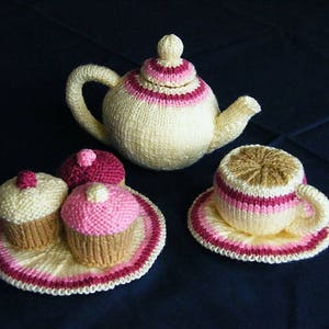 Download Toy Food Pattern to knit Tea Set Teapot Cup Saucer Plate Cupcake knitting pattern instant download