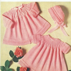 Vintage Knit Baby Dress and Jacket with Bonnet knitting pattern instant download