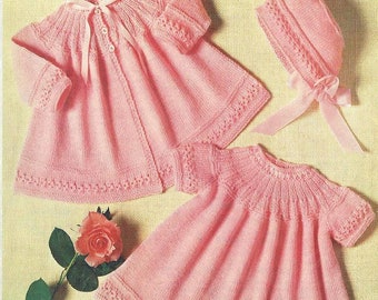 Vintage Knit Baby Dress and Jacket with Bonnet knitting pattern instant download