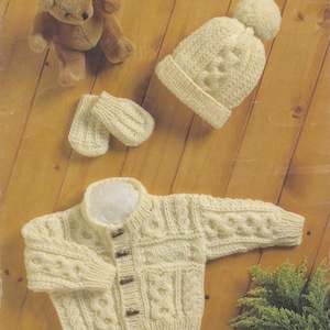 Baby Vintage Knit Aran cardigan hat and mittens instant download knitting pattern