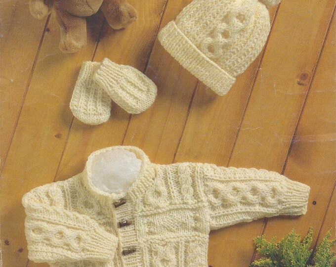 Baby Vintage Knit Aran Cardigan Hat and Mittens Instant Download