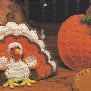 Crochet Turkey and Pumpkin potholders instant download crochet pattern