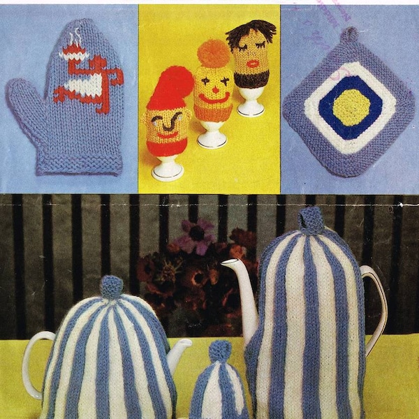 Vintage Tea and Egg Cozies Oven Mitt Coffee Pot instant download knitting pattern