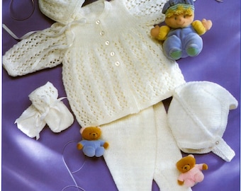 Vintage baby knit jacket, leggings, bonnet, mitts, helmet Knit DK yarn instant download knitting pattern