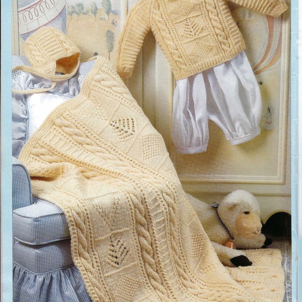 Baby Vintage Knit Aran and Cables Pullover Afghan hat instant download knitting pattern