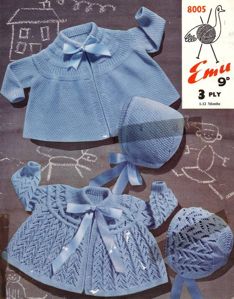 Vintage Knit Pattern Emu 8005 Baby Matinee Coats and Bonnets | Etsy