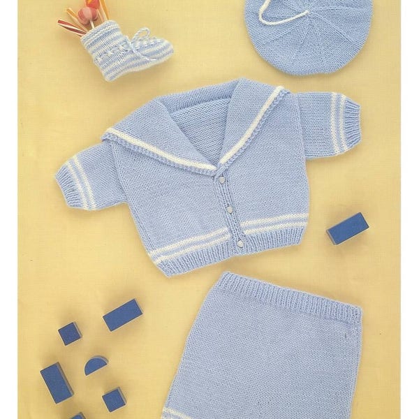 Baby Sailor Suit to Knit includes jacket pants beret and toy boot instant download knitting pattern