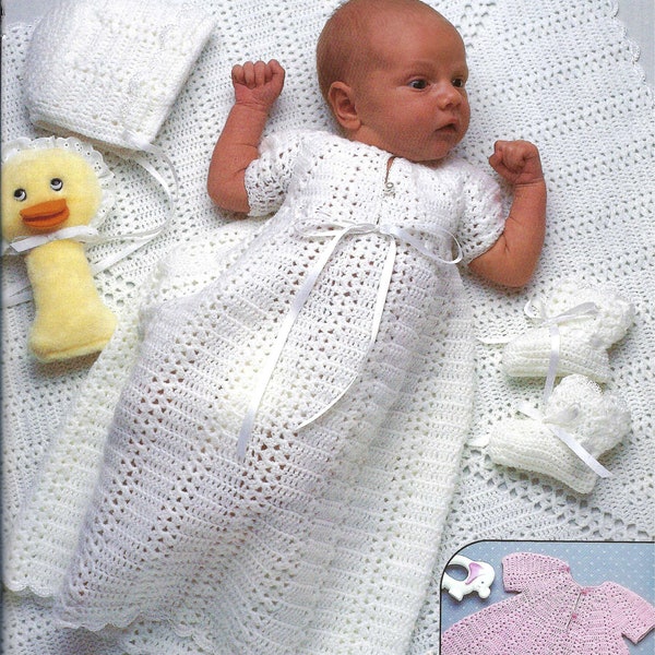 Vintage Crochet Baby Layette Dress Gown Sacque Bonnet Bootees Blanket set download crochet pattern