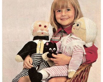 vintage knit Grandma and Grandpa dolls with toy cat instant download knitting pattern