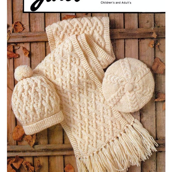 Knit Aran Hat Scarf Beret children to adult sizes instant download knitting pattern