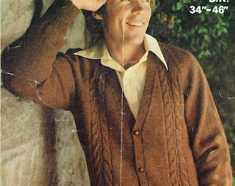 Vintage Men's Cable Knit Cardigan cabled Knitting Pattern raglan style instant download