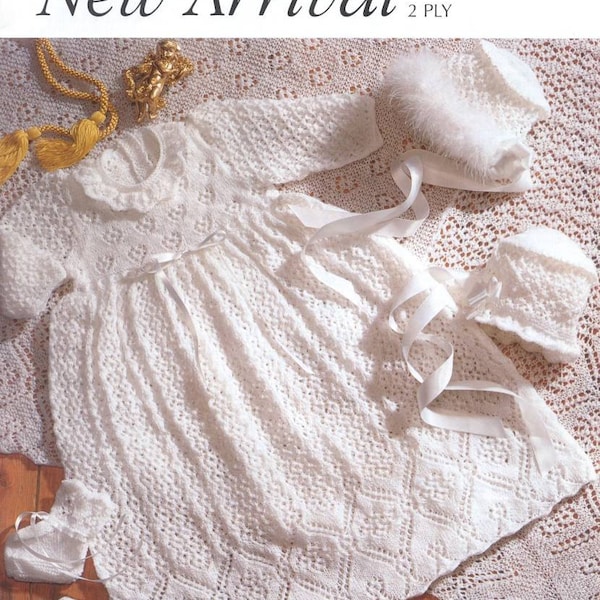 Vintage Knit Baby Christening Robe Shawl bonnet bootees instant download knitting pattern