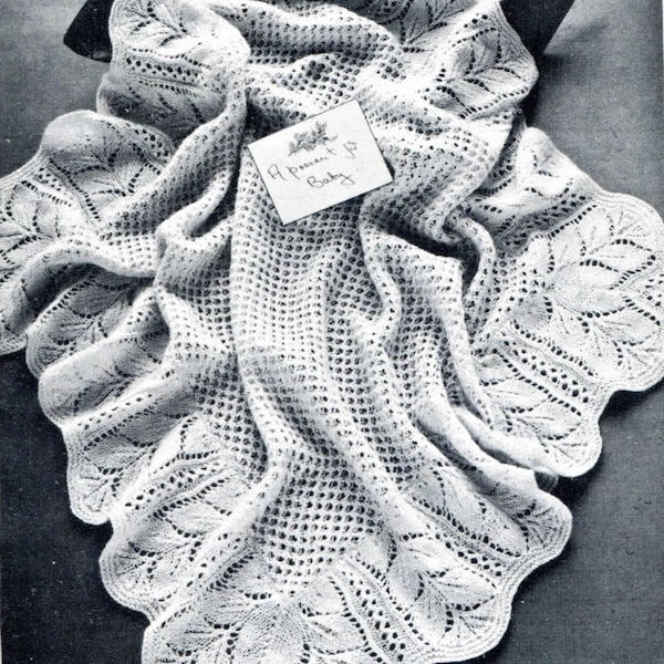 vintage knit Baby Shawl blanket afghan leaf lace instant download knitting pattern