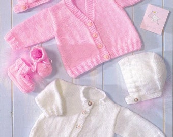 Baby Cardigans Bonnet Bootees to Knit DK yarn instant download knitting pattern