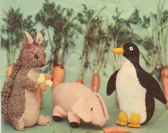 Vintage Knit Toy patterns Pig Penguin and Squirrel knitting pattern instant download pdf