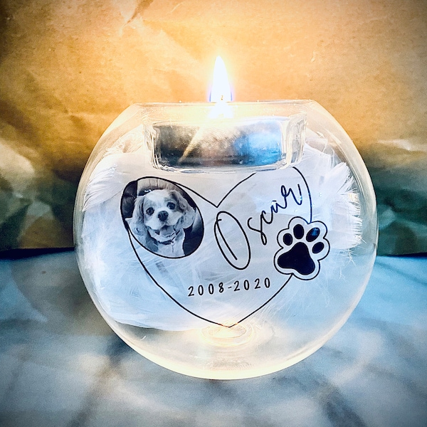 Pet memorial tea light holder, pet memory ornament, sentimental pet gift, pet candle, glass tea light holder, tea light holder, pet gift