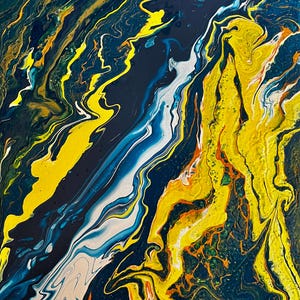 May include: Abstract artwork with a flowing design. The piece features a dark blue background with vibrant yellow, white, and blue streaks. Orange and green accents add contrast. The paint appears swirled, creating a dynamic visual effect.