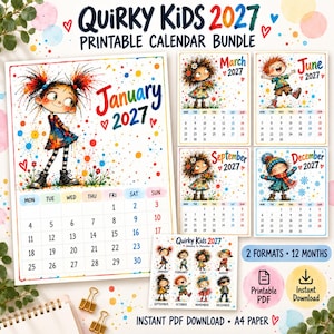 May include: A printable 2027 calendar bundle titled Quirky Kids 2027 featuring watercolor-style illustrations of children. The set includes monthly pages for January, March, June, September, and December, plus a summary sheet, all in PDF format.